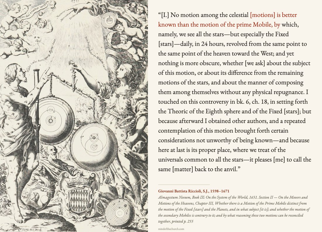 A passage of Riccioli beside the engraved frontispiece of the Almagestum novum, with a phrase set in colour
