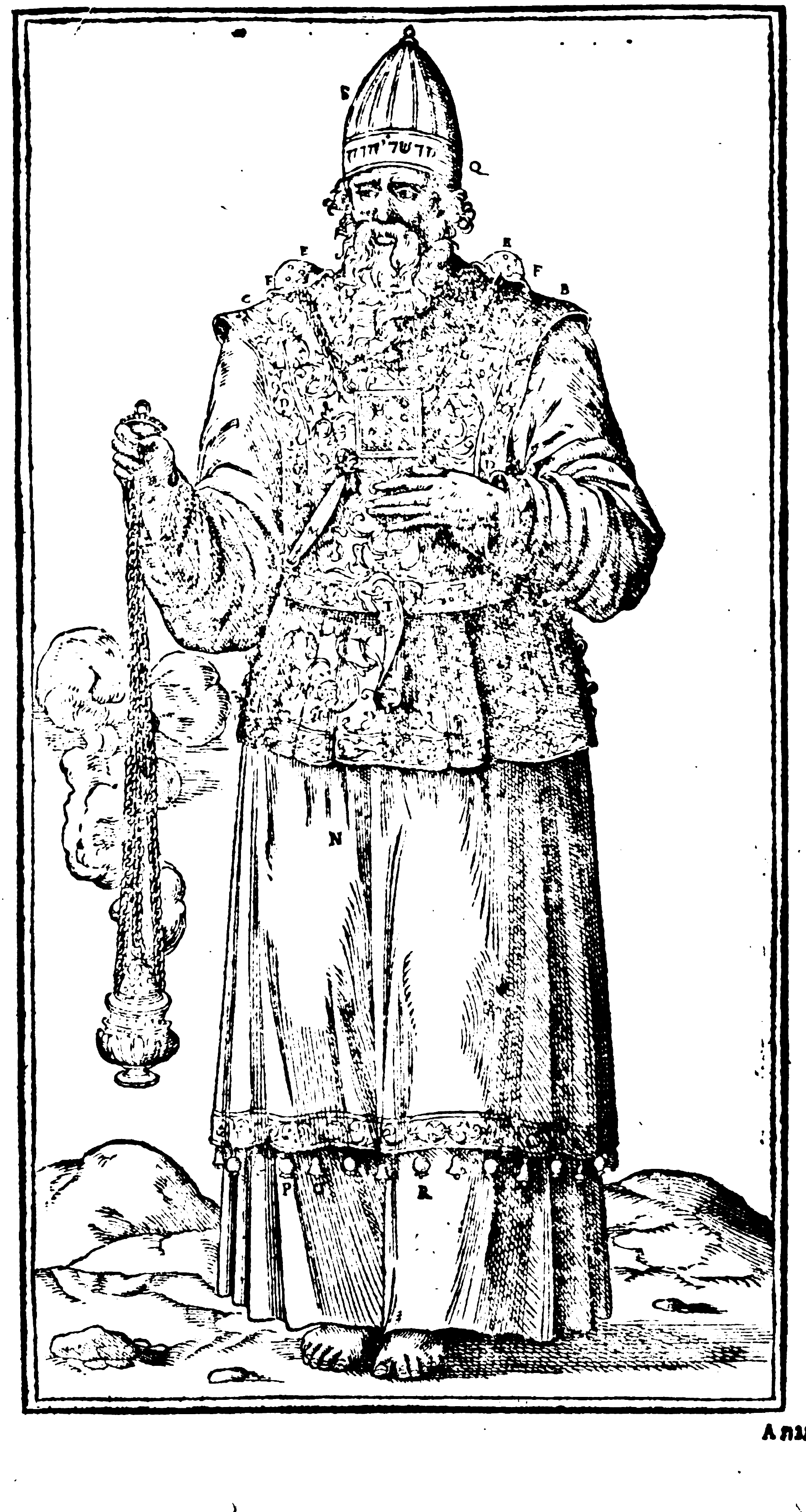 The High Priest of the Hebrews in his full vestments (rich-edition woodcut, folio 165). The mitre is inscribed קדש ליהוה, "Holy to the LORD"; the corner bears אהרן, "Aaron." The parts of the vestment are keyed by letters (B, C, E, F, N, P, Q, R, T…), whose declaration follows on p182.